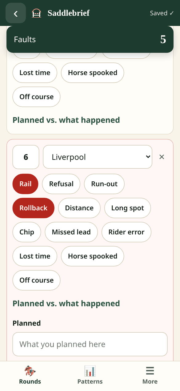 Saddlebrief debrief screen with fault tags per fence